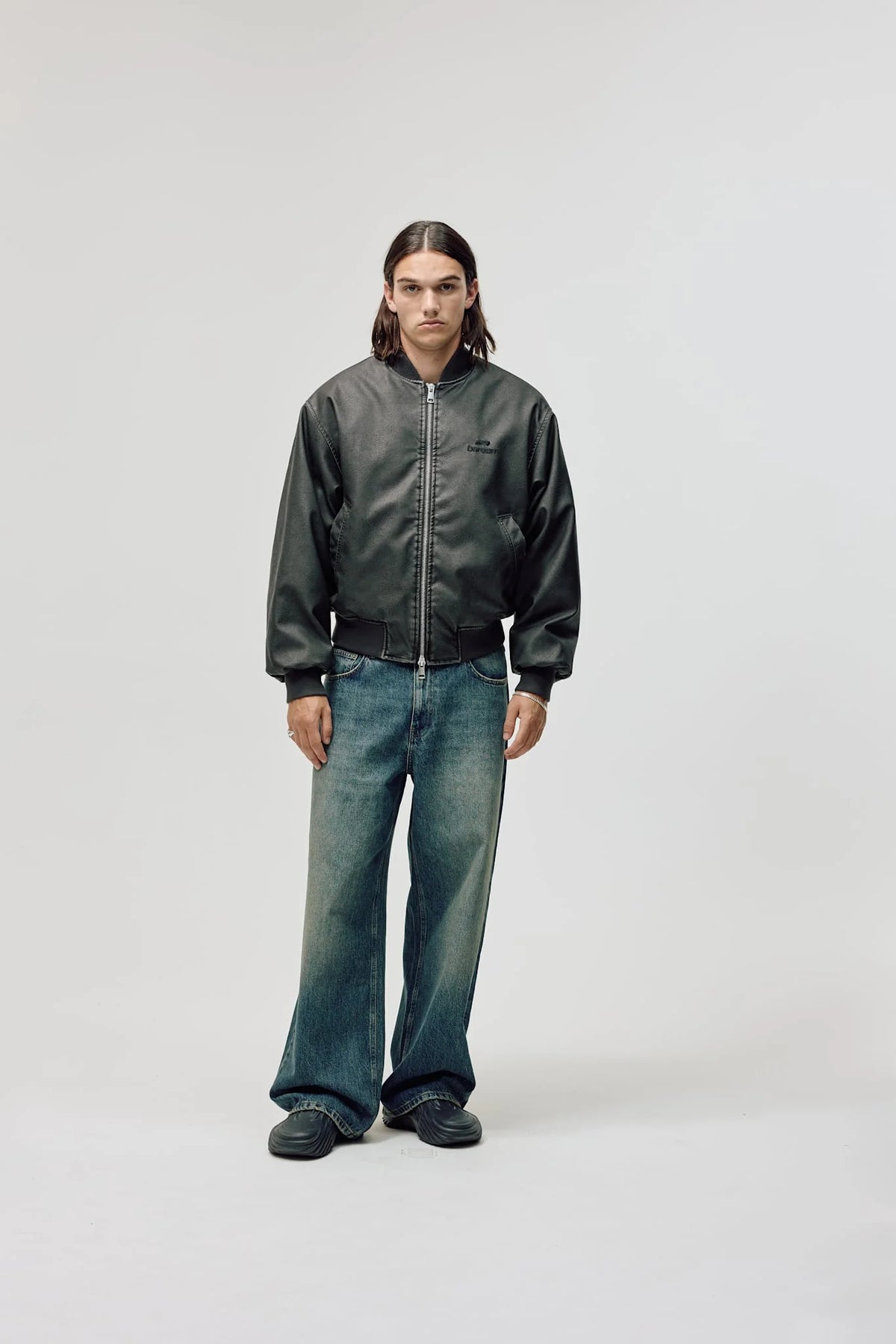 BAREEN - Faux Leather Bomber Jacket - Vintage Black